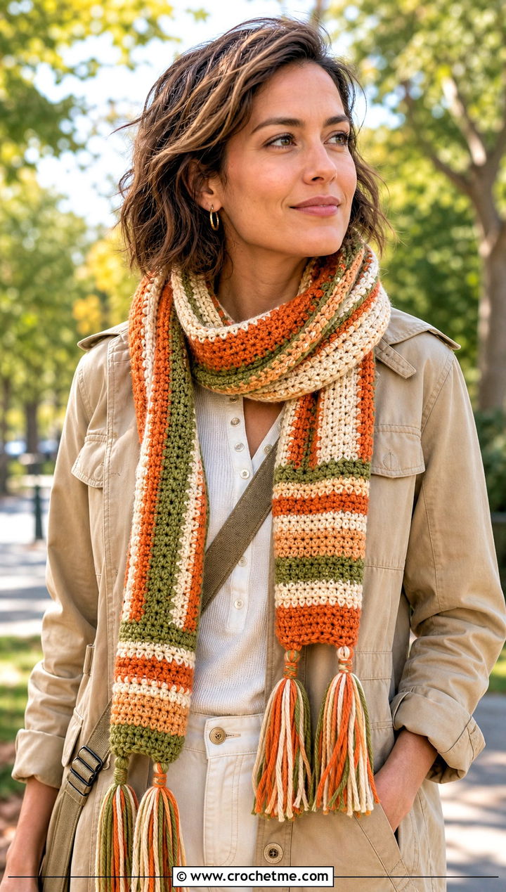 Tassel Crochet Striped Scarf With Utility Jacket - 25 crochet striped scarf outfit ideas