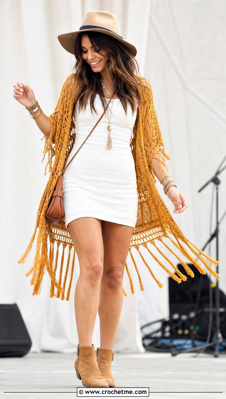 Tassel Crochet Summer Poncho With Mini Dress - 35 crochet summer poncho outfit ideas