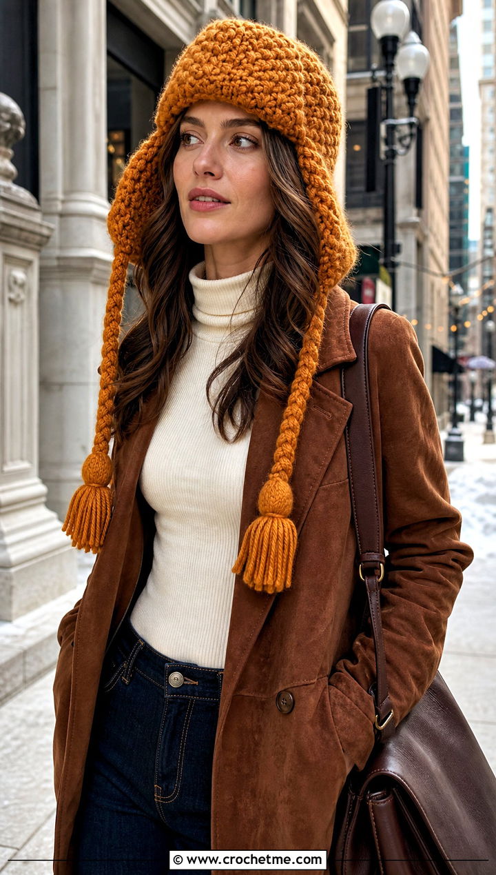 Tassel Crochet Ushanka Hat With Suede Coat - 30 crochet ushanka hat outfit ideas