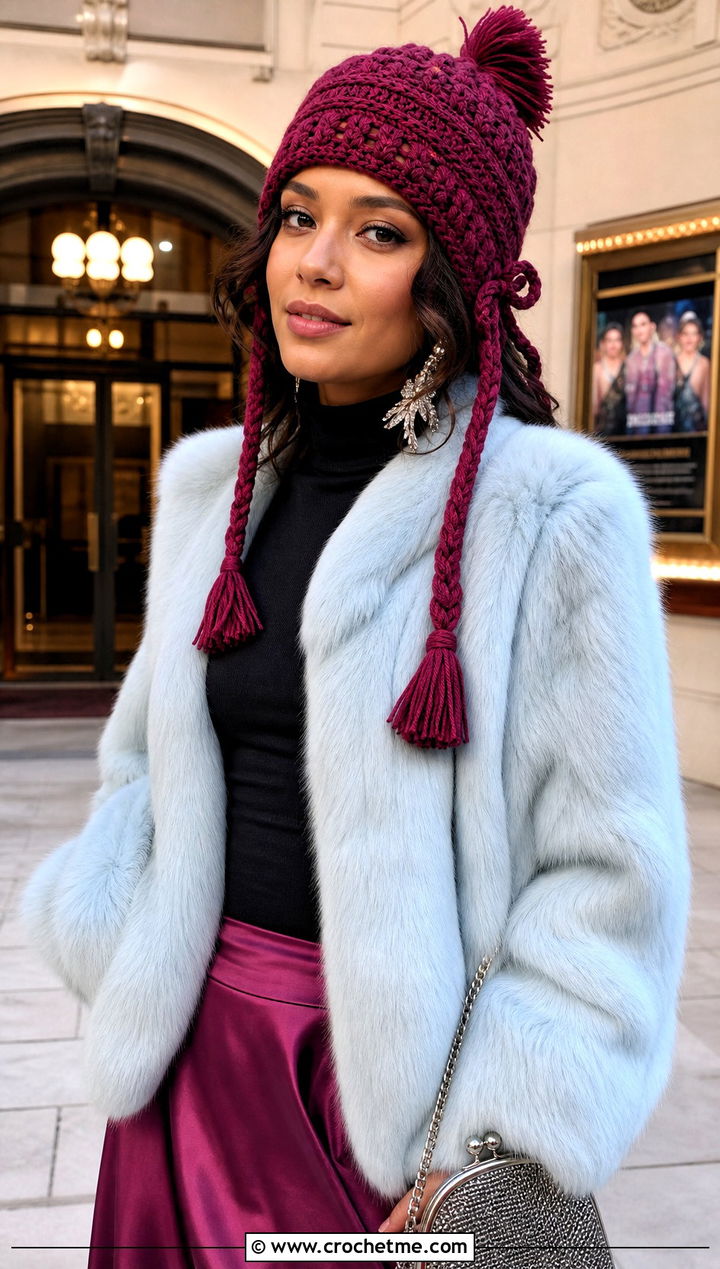 Tassel Crown Crochet Hat With Braids And Faux Fur Jacket - 30 crochet hat with braids outfit ideas