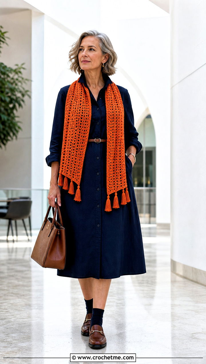 Tassel Double Crochet Scarf With Midi Dress And Loafers - 35 double crochet scarf outfit ideas