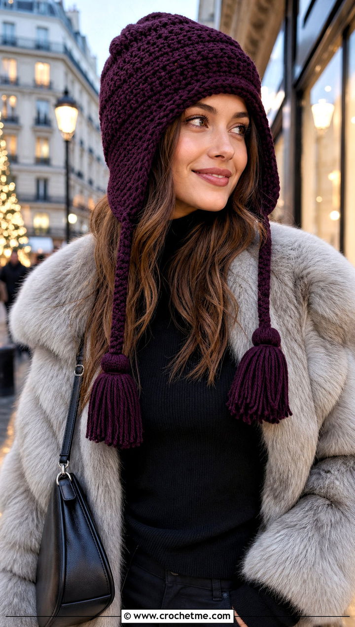 Tassel Earflap Crochet Beanie With Faux Fur Coat - 25 Earflap Crochet Beanie outfit ideas