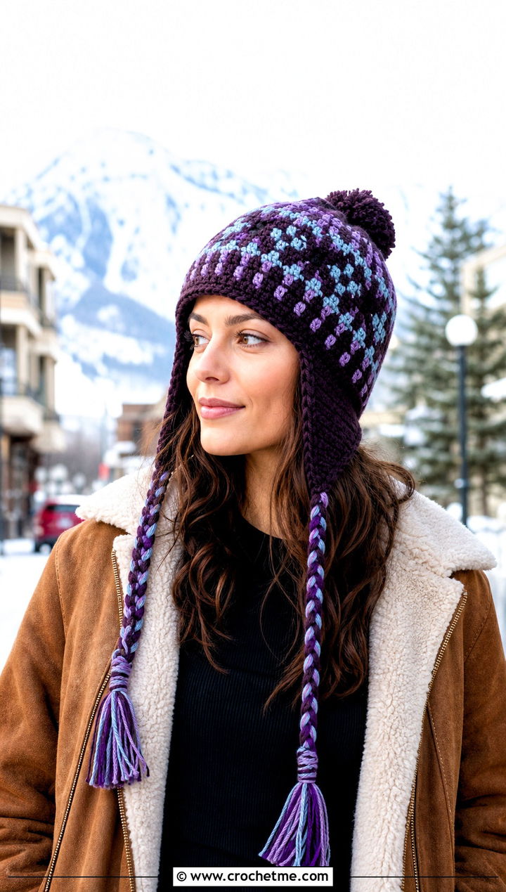 Tassel Earflap Crochet Fair Isle Beanie With Shearling Jacket - 20 Crochet Fair Isle Beanie outfit ideas