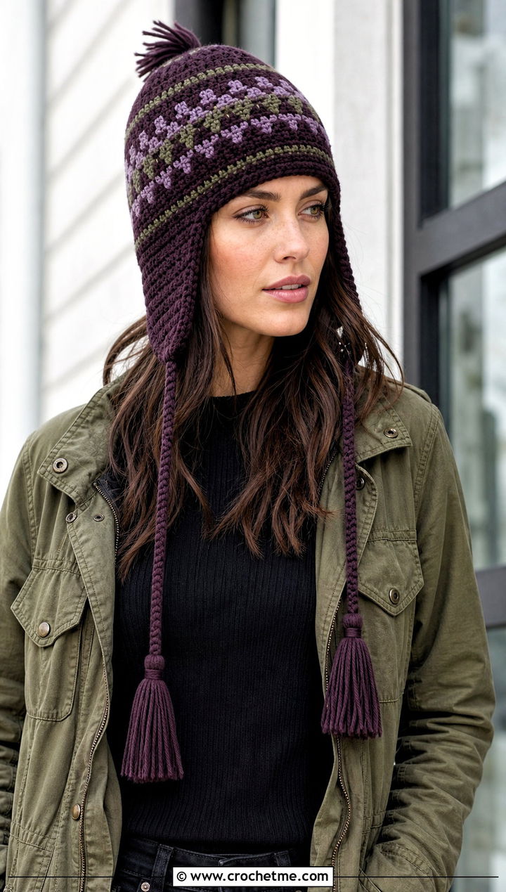 Tassel Earflap Fair Isle Crochet Hat With Cargo Pants - 30 fair isle crochet hat outfit ideas