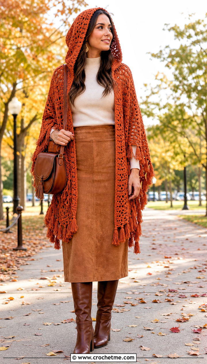 Tassel Edge Crochet Hooded Cape With Suede Skirt - 35 crochet hooded cape outfit ideas