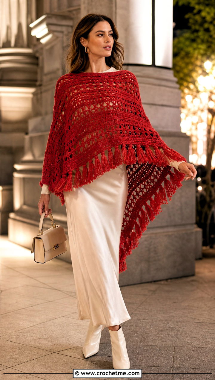 Tassel Edge Crochet Poncho Sweater With Slip Skirt - 35 crochet poncho sweater outfit ideas