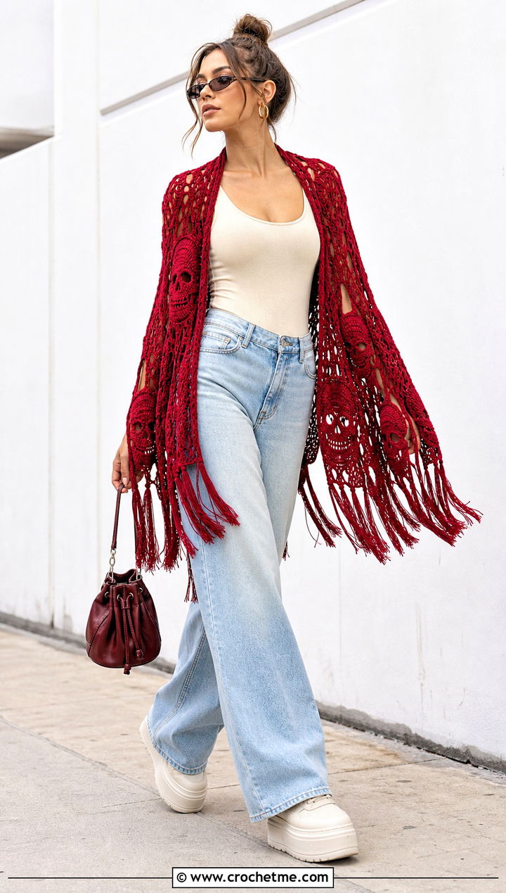 Tassel Edge Crochet Skull Shawl With Wide Leg Jeans - 35 crochet skull shawl outfit ideas