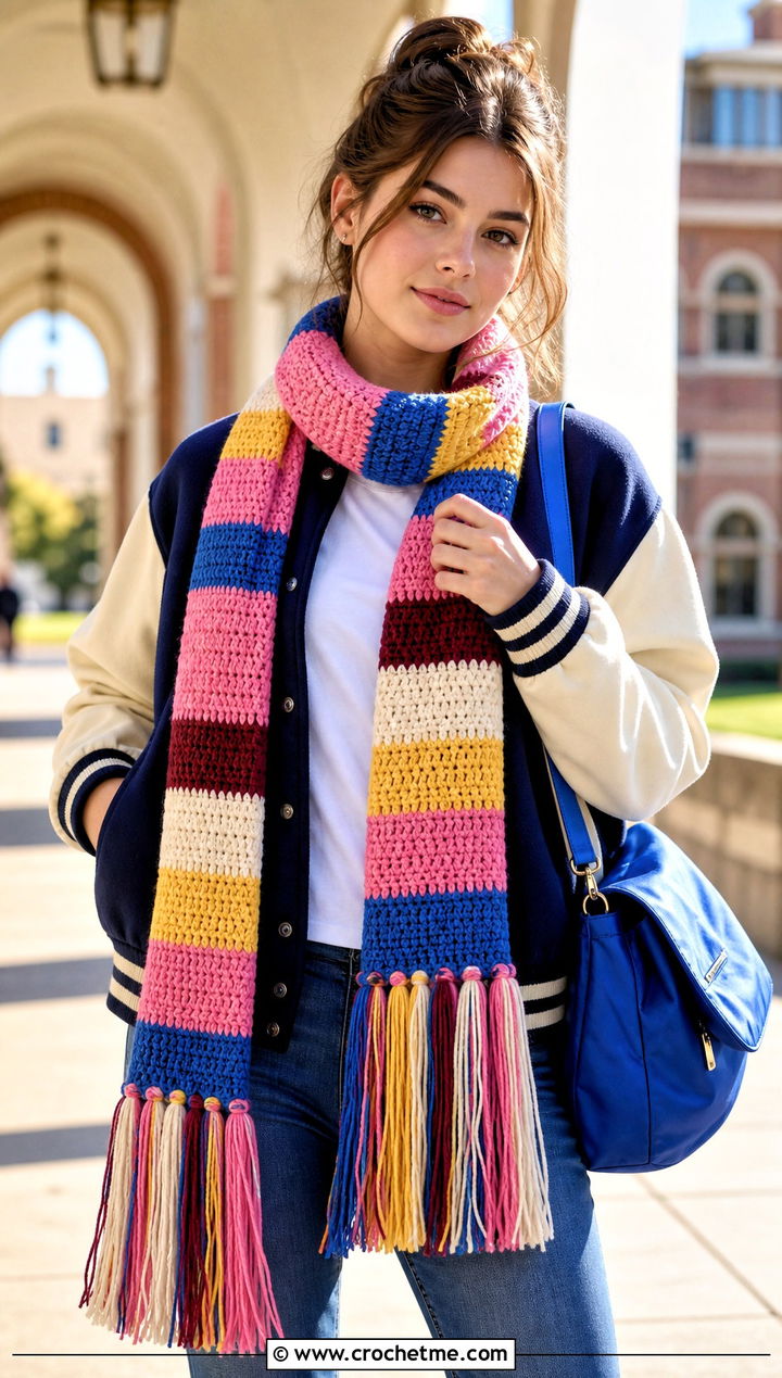 Tassel Edge Doctor Who Crochet Scarf With Varsity Jacket And Pleated Skirt - 25 Doctor Who Crochet Scarf outfit ideas