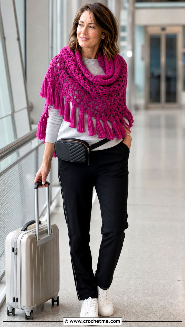 Tassel Edge Half Circle Shawl With Sweatshirt And Track Pants - 25 Victorian Crochet Shawl outfit ideas