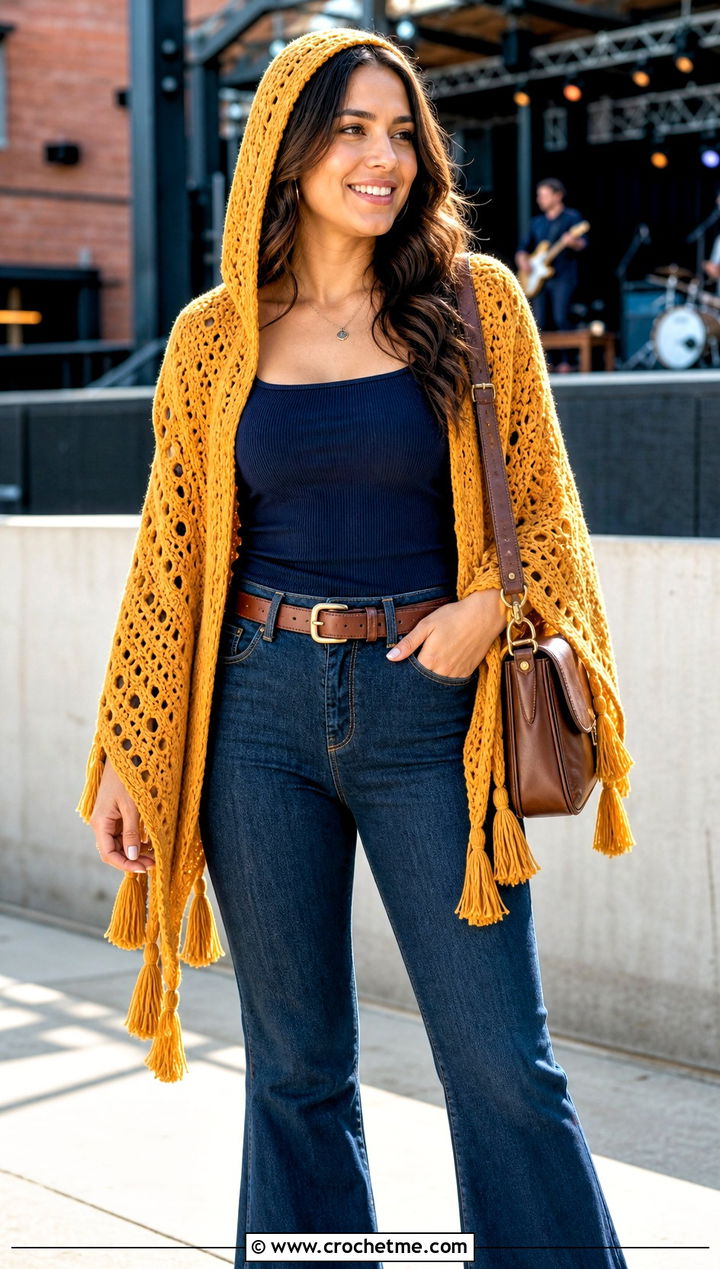 Tassel Edge Hooded Triangle Crochet Shawl With Flare Jeans - 25 Hooded Triangle Crochet Shawl outfit ideas