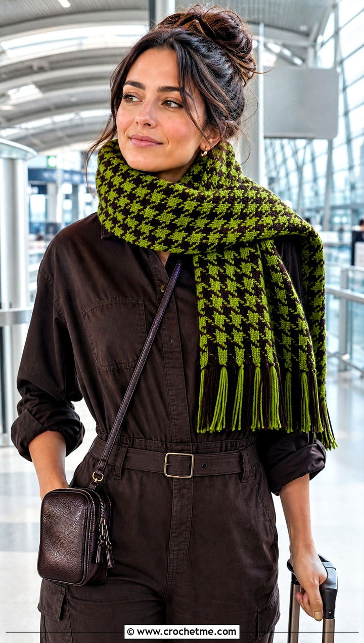 Tassel Edge Houndstooth Crochet Scarf With Utility Jumpsuit - 15 Houndstooth Crochet Scarf outfit ideas