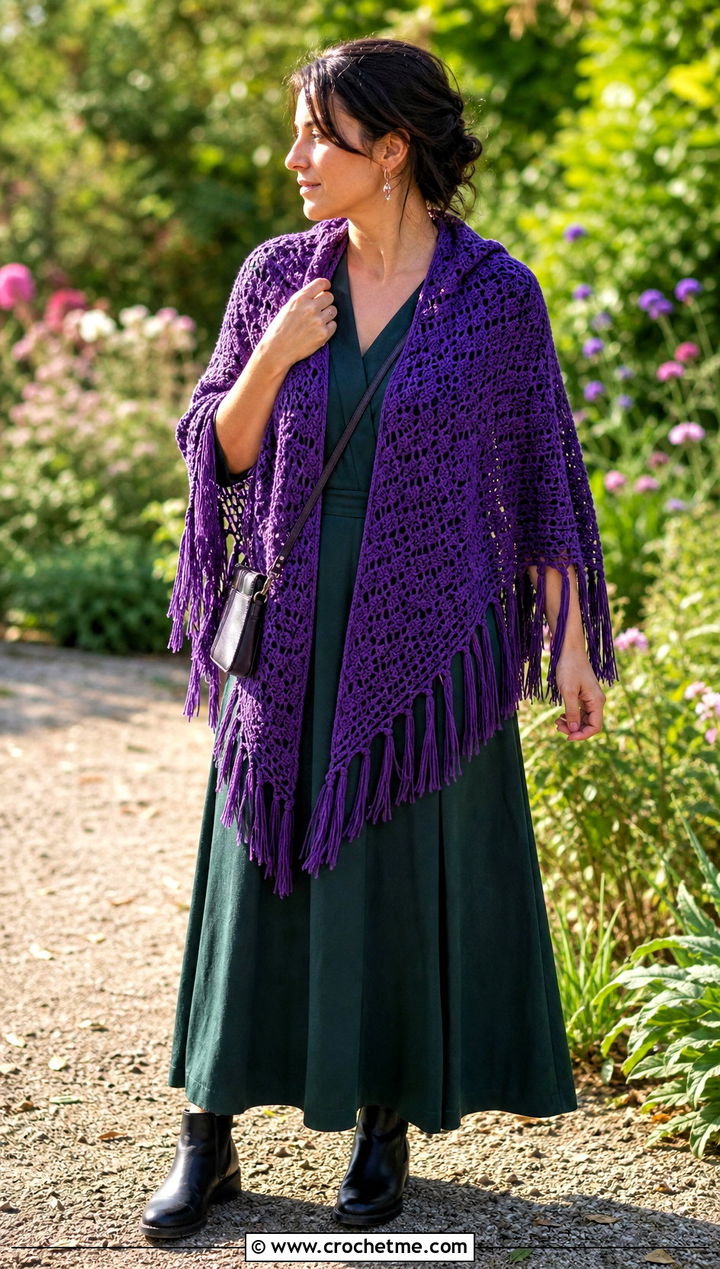 Tassel Edge Lace Triangle Shawl With Maxi Dress And Ankle Boots - 25 Crochet Lacy Triangle Shawl outfit ideas
