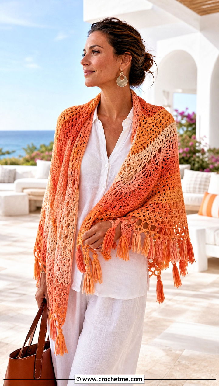 Tassel Edge Mandala Yarn Crochet Shawl With A Linen Set - 15 Crochet Shawl Mandala Yarn outfit ideas