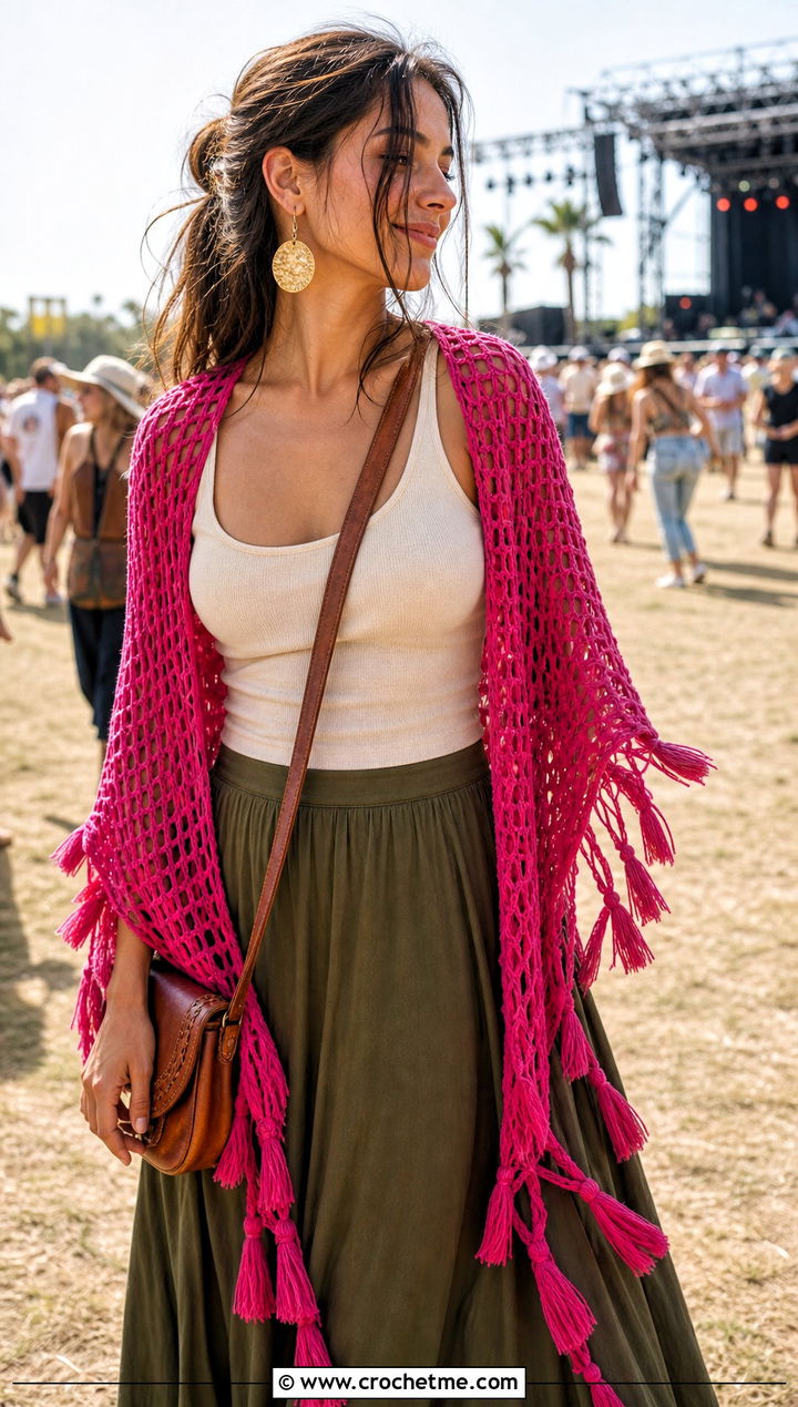 Tassel Edge Mesh Triangle Shawl With Boho Maxi Skirt - 30 Crochet Mesh Triangle Shawl outfit ideas