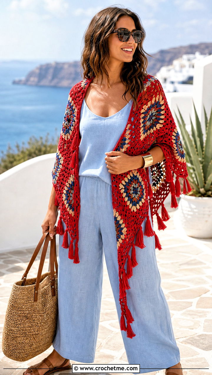 Tassel Edge Mosaic Crochet Shawl With Linen Set - 30 mosaic crochet shawl outfit ideas