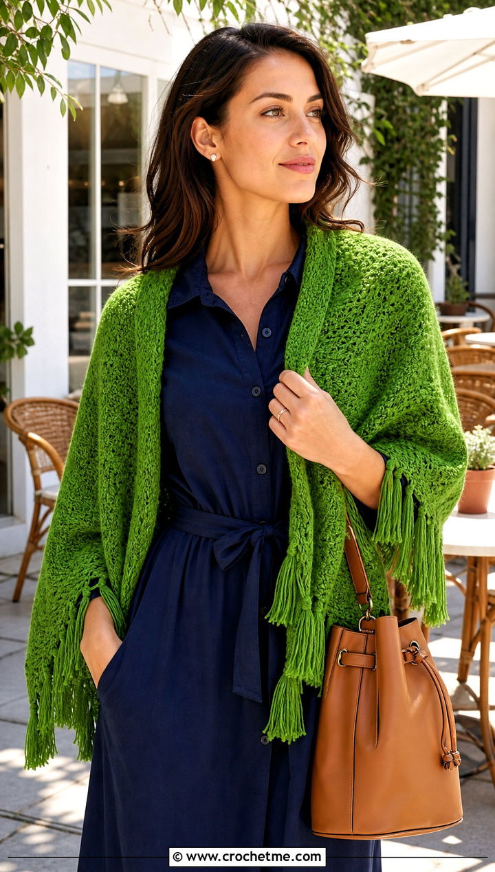 Tassel Edge Moss Stitch Shawl With A Shirt Dress - 25 Crochet Moss Stitch Shawl outfit ideas