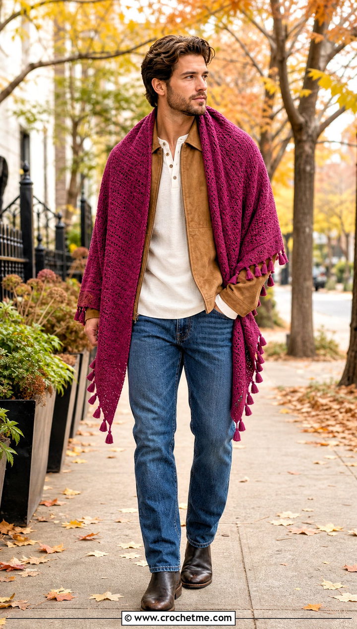 Tassel Edge Prayer Shawl With Suede Jacket And Jeans - 20 Mens Crochet Prayer Shawl outfit ideas