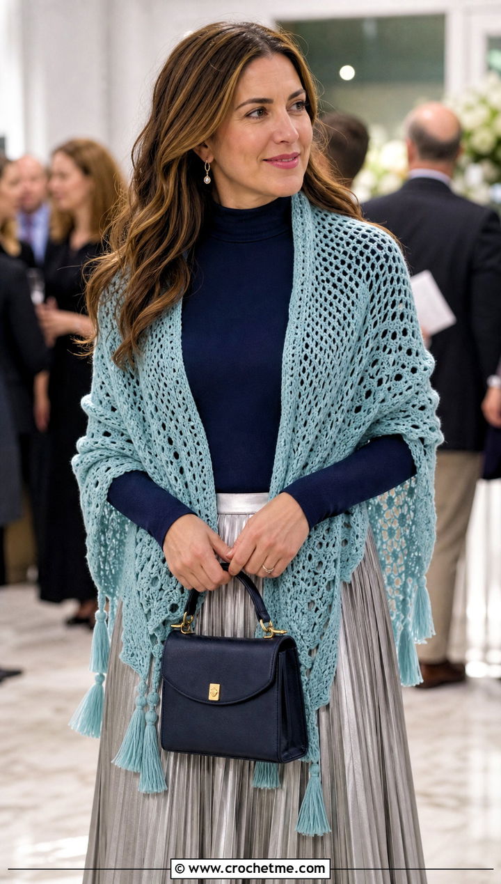 Tassel Edge Rectangular Crochet Shawl With Pleated Midi Skirt - 30 rectangular crochet shawls outfit ideas