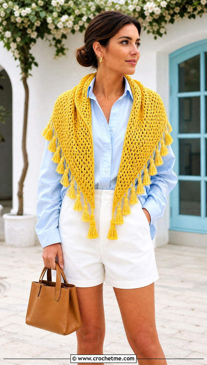 Tassel Edge Triangle Crochet Shawl With Button Down And Shorts - 30 easy triangle crochet shawl outfit ideas