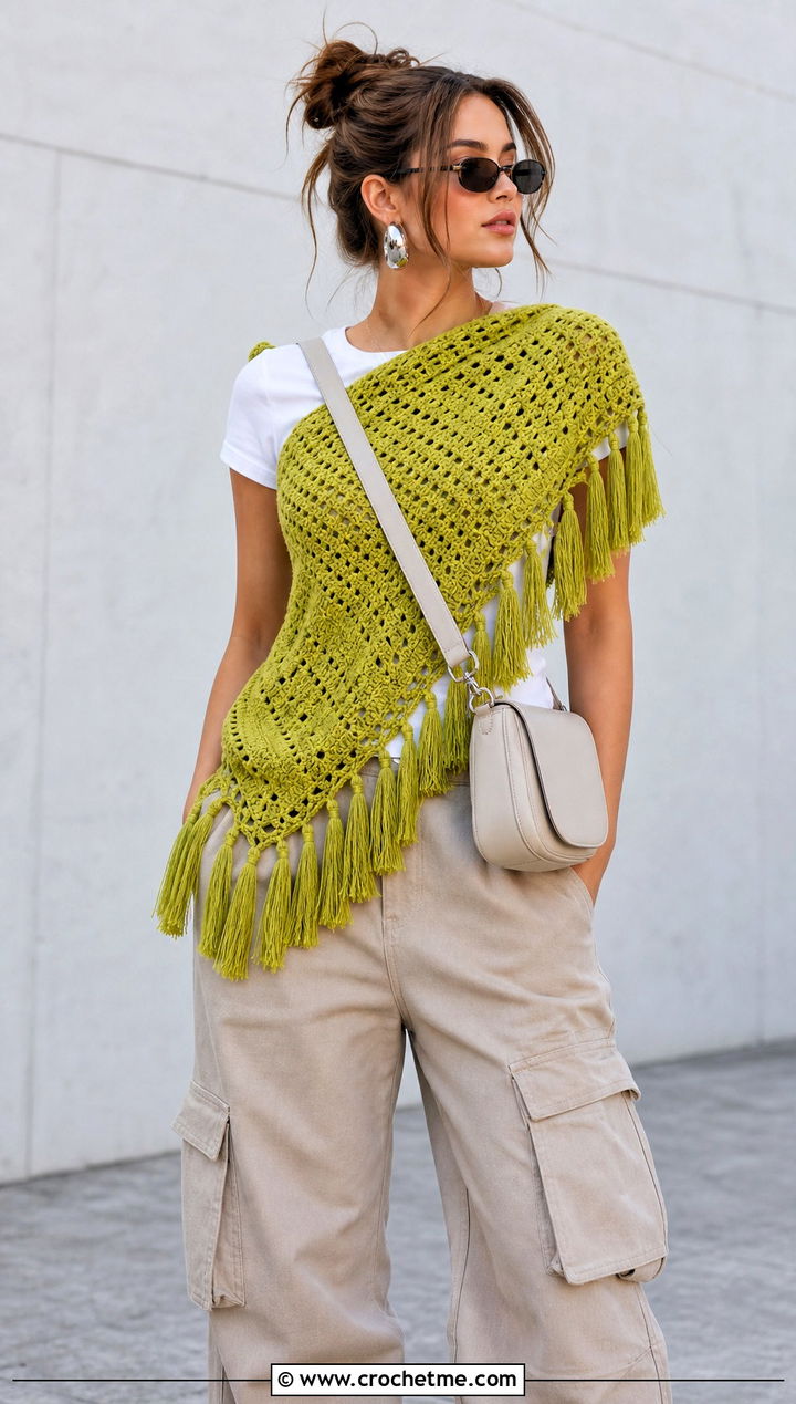 Tassel Edge V Shaped Crochet Shawl With Cargo Pants - 15 V Shaped Crochet Shawl outfit ideas
