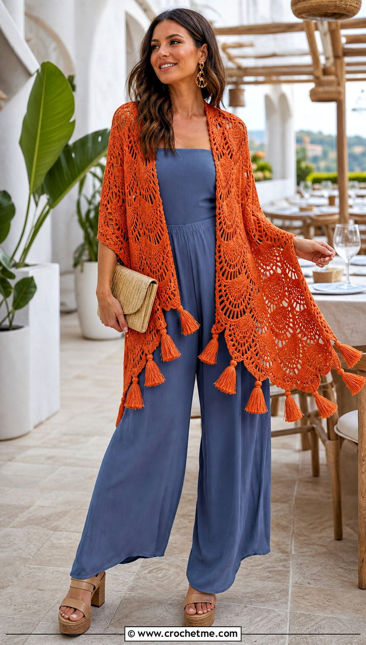 Tassel Edge Virus Shawl With Jumpsuit And Platform Sandals - 15 crochet virus shawls outfit ideas