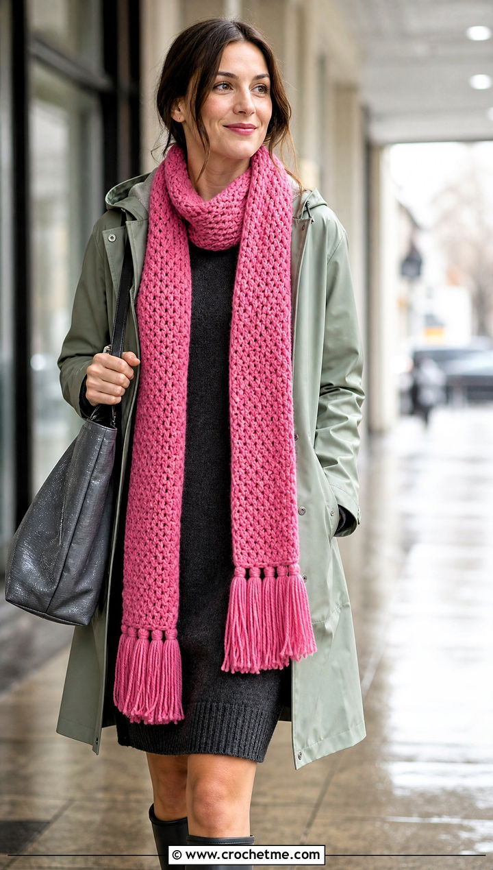 Tassel End Crochet Long Scarf With Raincoat And Knit Dress - 25 Crochet Long Scarf outfit ideas