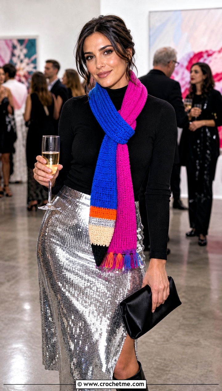 Tassel End Crochet Pencil Scarf With Sequin Skirt - 25 Crochet Pencil Scarf outfit ideas