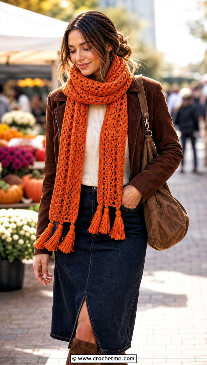 Tassel End Crochet Sally Scarf With Suede Jacket - 20 Crochet Sally Scarf outfit ideas