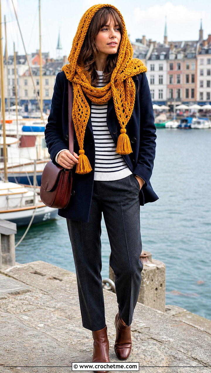 Tassel End Crochet Scarf Hood With Peacoat - 30 crochet scarf hood outfit ideas