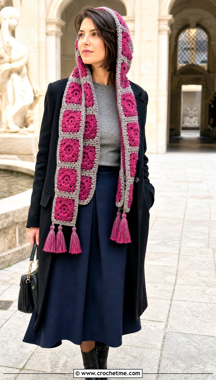 Tassel End Granny Square Crochet Hooded Scarf With Midi Skirt - 30 Granny Square Crochet Hooded Scarf outfit ideas