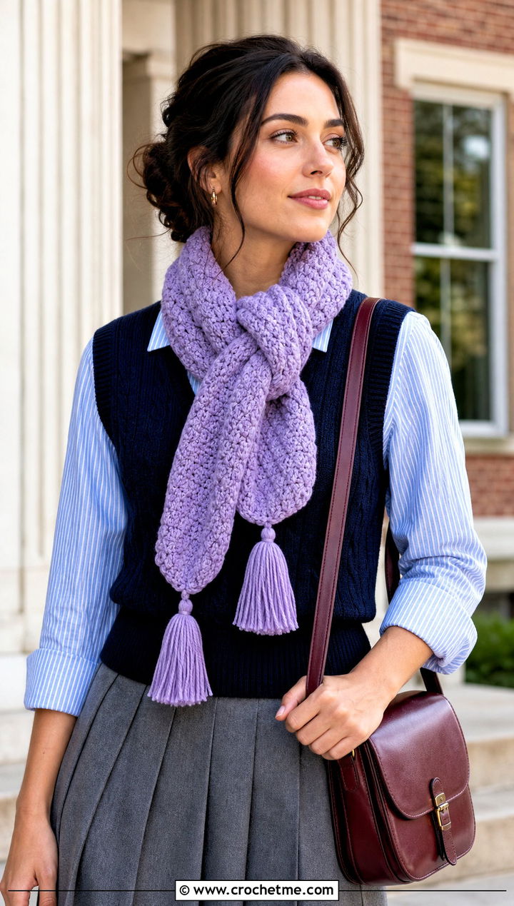 Tassel End Moss Stitch Crochet Scarf With Preppy Outfit - 25 Moss Stitch Crochet Scarf outfit ideas