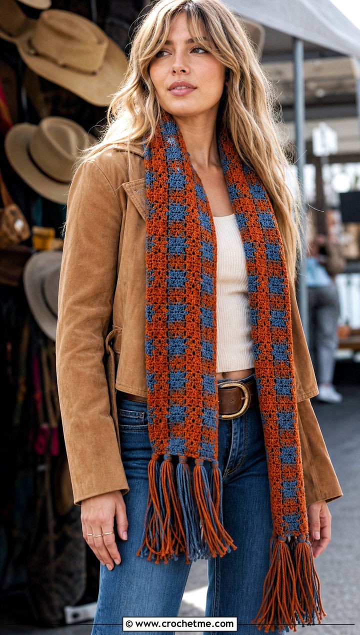 Tassel Ended Checkered Crochet Scarf With Suede Jacket and Flared Jeans - 20 Checkered Crochet Scarf outfit ideas