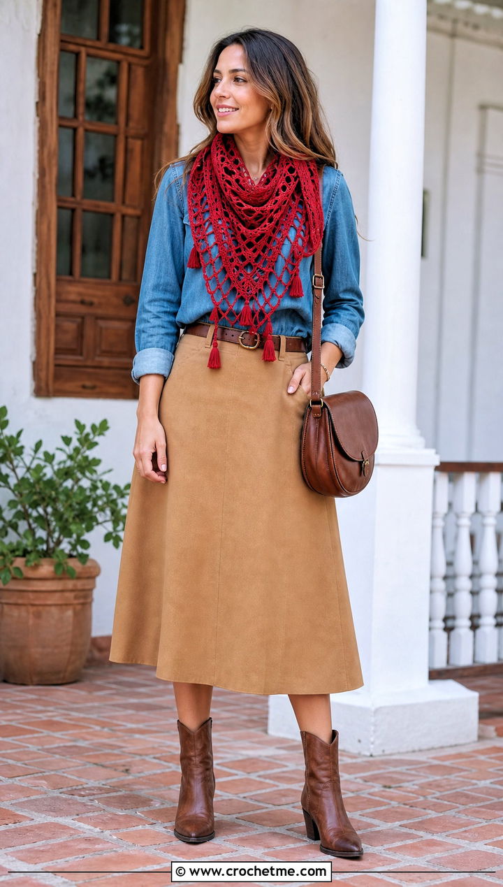 Tassel Filet Crochet Scarf With A Chambray Shirt And Midi Skirt - 35 filet crochet scarf outfit ideas