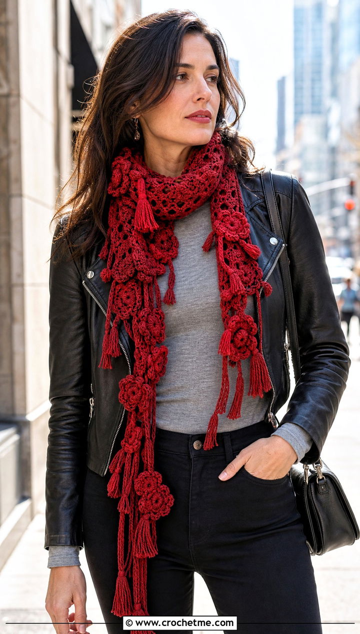 Tassel Freeform Crochet Scarf With Moto Jacket And Black Jeans - 25 Freeform Crochet Scarf outfit ideas