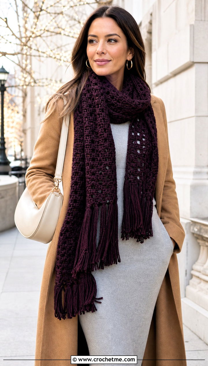 Tassel Fringe Crochet Mood Scarf With Knit Dress And Boots - 15 Crochet Mood Scarf outfit ideas