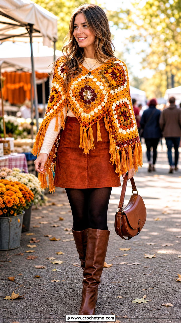 Tassel Granny Square Poncho With Suede Skirt - 35 crochet granny square poncho outfit ideas