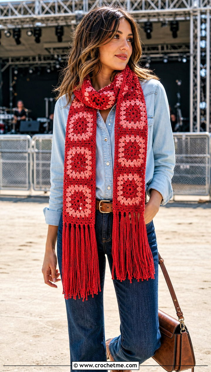 Tassel Granny Square Scarf With Western Shirt and Bootcut Jeans - 25 granny square scarves outfit ideas