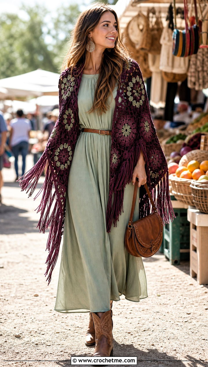 Tassel Granny Square Shawl With Maxi Dress And Western Boots - 35 granny square shawl outfit ideas