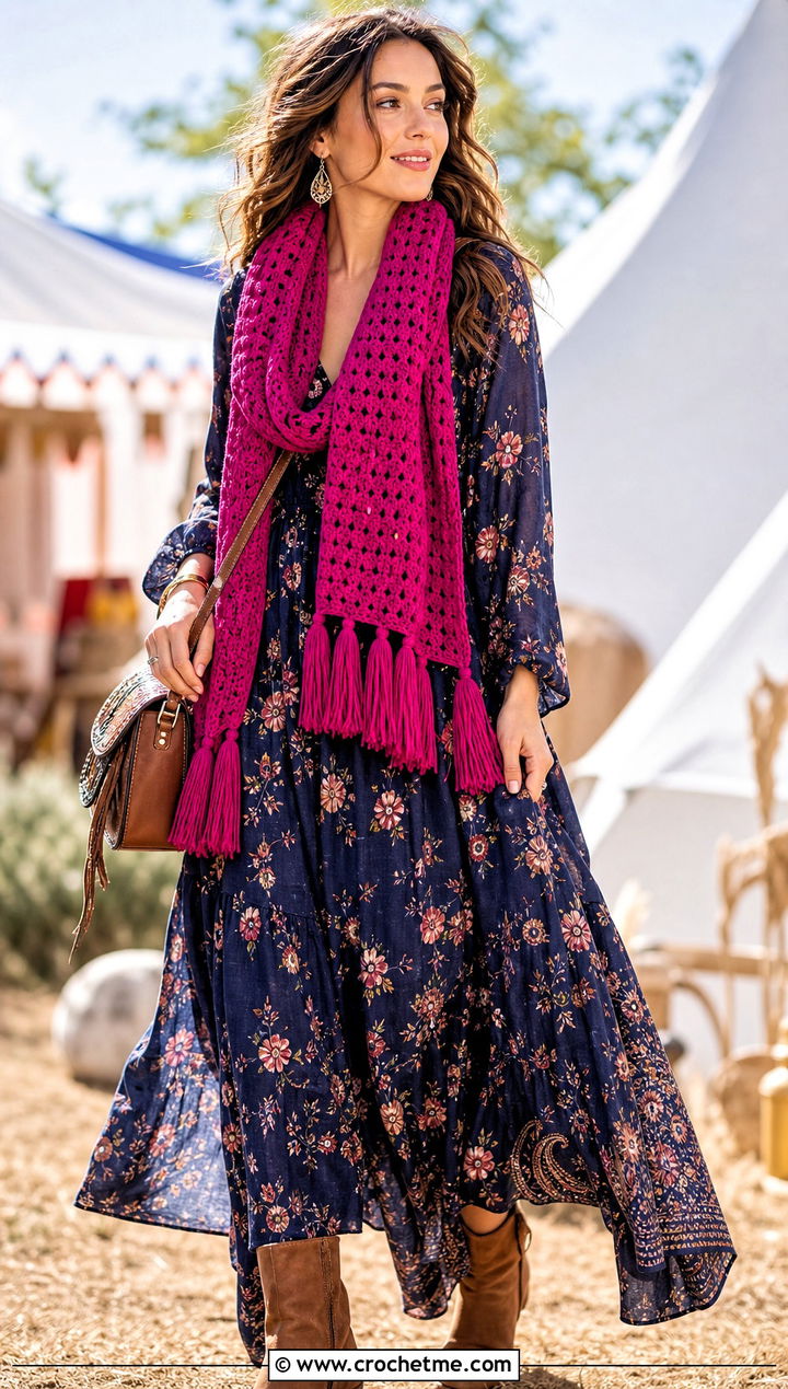 Tassel HDC Crochet Scarf With Boho Maxi Dress - 20 Hdc Crochet Scarf outfit ideas