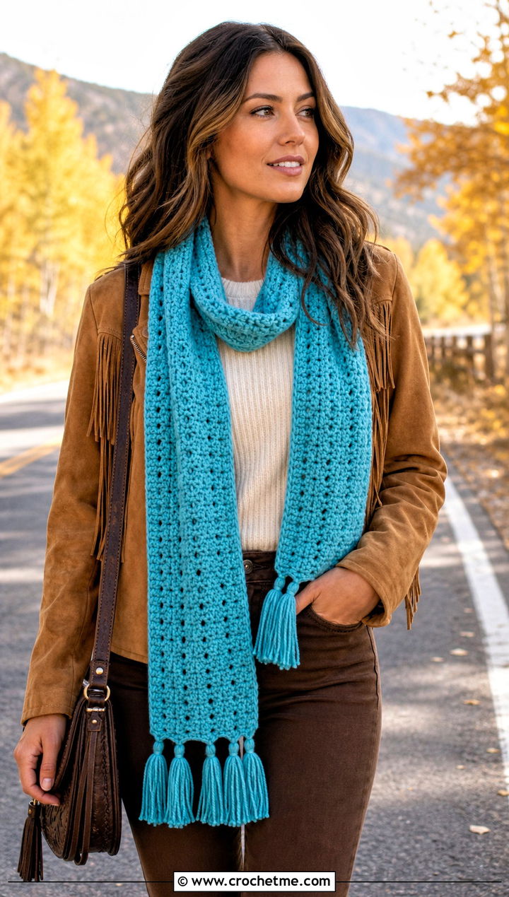 Tassel Half Double Crochet Scarf With Suede Jacket - 20 Half Double Crochet Scarf outfit ideas