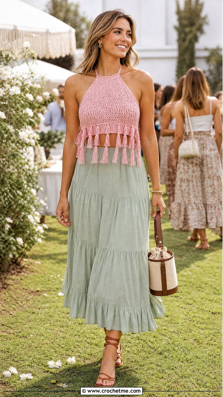Tassel Halter Crochet Top With Tiered Midi Skirt - 35 halter crochet top outfit ideas