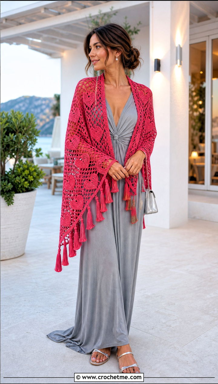Tassel Heart Crochet Shawl With Maxi Dress - 25 Heart Crochet Shawl outfit ideas