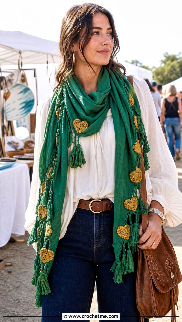 Tassel Heart Scarf With Boho Blouse And Flared Jeans - 25 crochet heart scarf outfit ideas