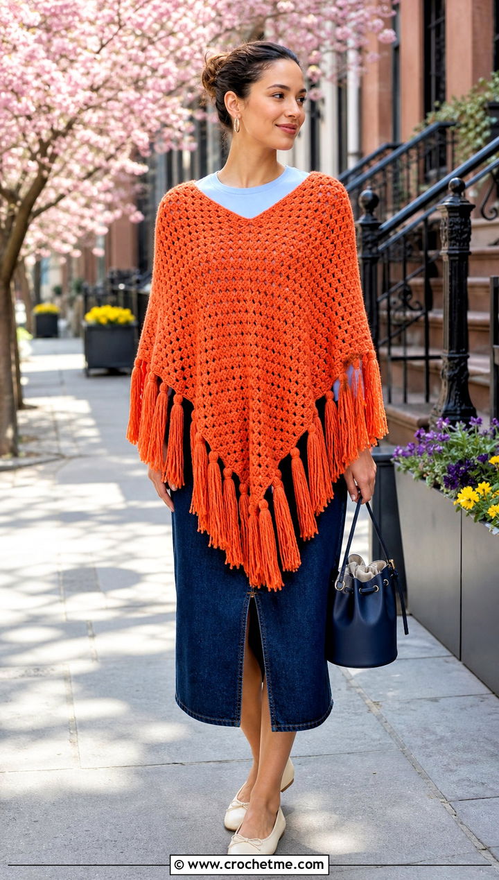 Tassel Hem C C Poncho With Denim Midi Skirt - 15 Crochet C2C Poncho outfit ideas
