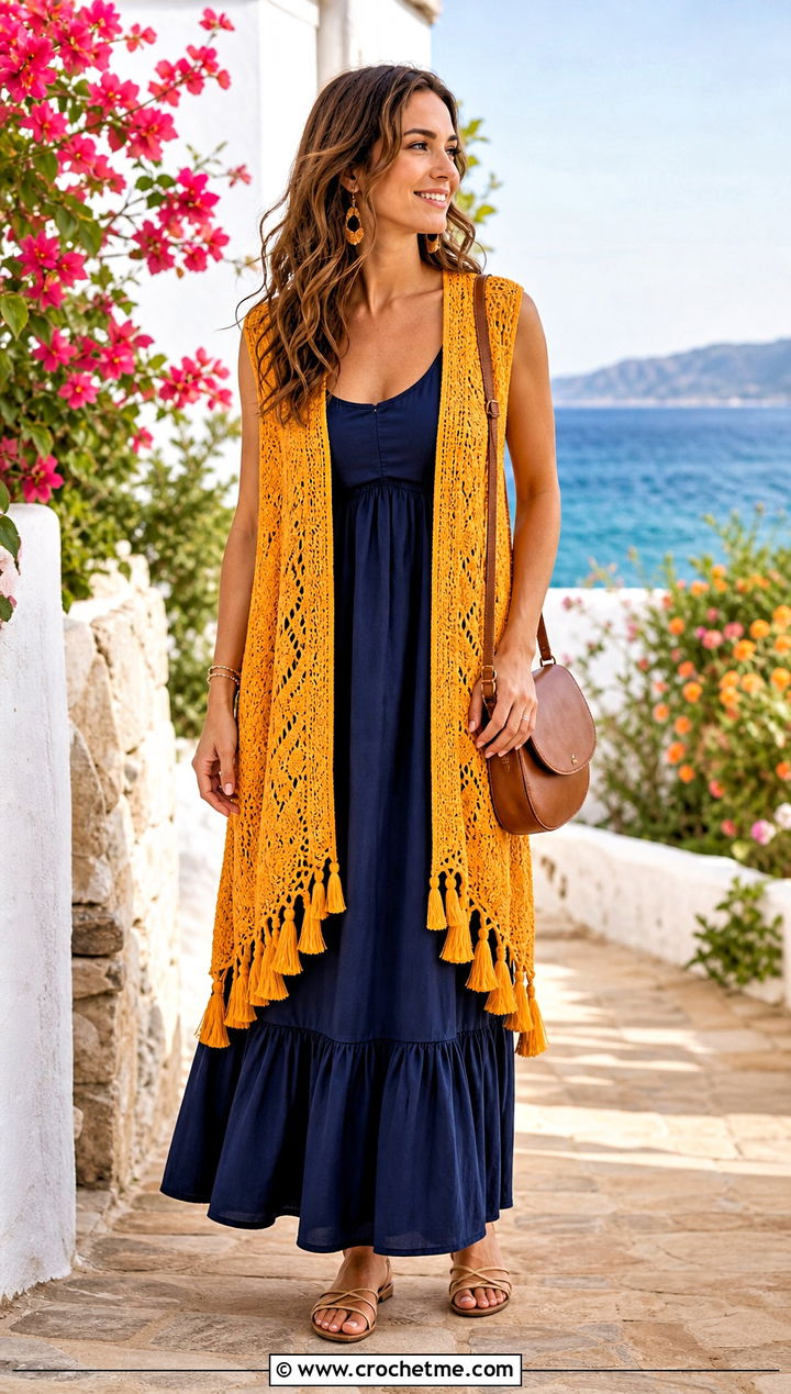 Tassel Hem Crochet Duster Vest With Maxi Dress - 20 crochet duster vest outfit ideas