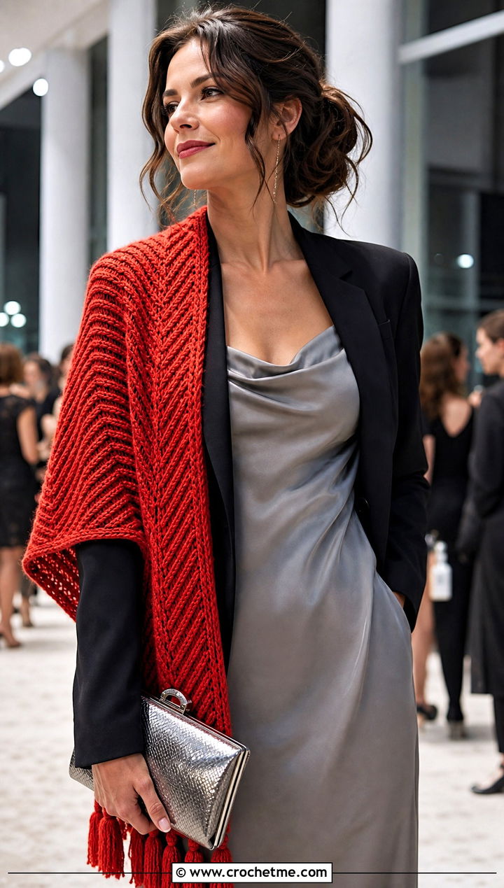 Tassel Herringbone Crochet Scarf With Slip Dress And Blazer - 15 Herringbone Crochet Scarf outfit ideas