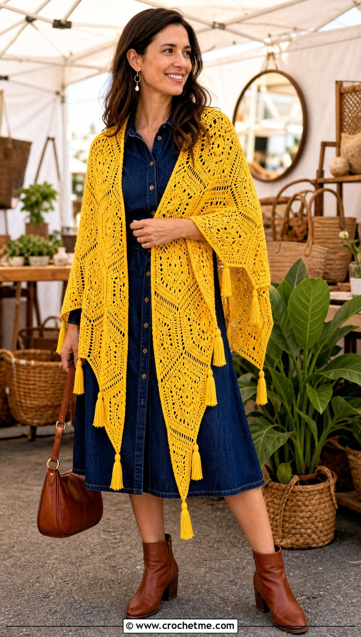 Tassel Hexagon Shawl With Denim Dress - 20 Crochet Hexagon Shawl outfit ideas