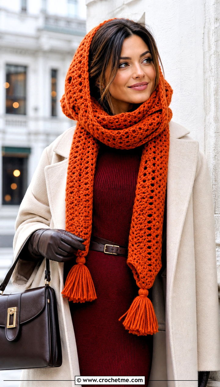 Tassel Hooded Scarf With Sweater Dress - 25 Crochet Hoodie Scarf outfit ideas