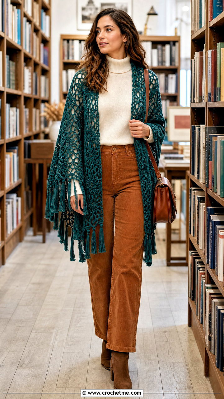 Tassel Lacy Crochet Shawl With Corduroy Pants - 35 lacy crochet shawl outfit ideas