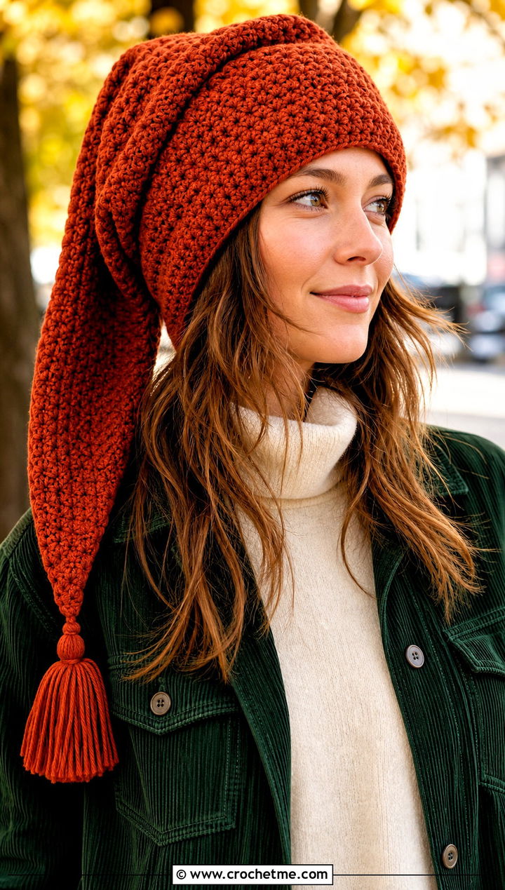 Tassel Long Crochet Hat With Corduroy Jacket - 30 crochet long hat outfit ideas